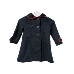 Vintage Little Bitty Girls Navy Blue Plaid Trim Double Breasted Pea Coat 3T
